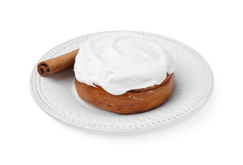 Tasty cinnamon roll with cream and stick isolated on white