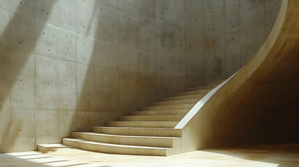 Naklejka premium Curved Concrete Staircase Ascends in Modern Interior Space with Sunlight