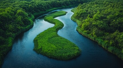 Aerial view of winding river through lush green forest. Nature conservation