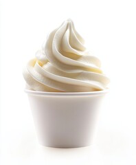 Creamy frozen yogurt swirl in a small white cup, isolated on white background.