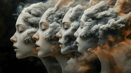Four Faces Merge with Abstract Smoke and Dust Clouds in a Surreal Digital Art Composition