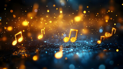 Golden Musical Notes Shimmer on a Dark, Glittering Background, Creating an Abstract Visual Symphony.