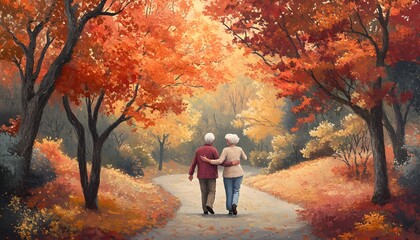 Fototapeta premium Elderly Couple Autumn Stroll Through Colorful Trees