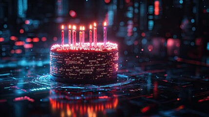 A digital birthday cake with lit candles on a futuristic surface with glowing lines and digital patterns.