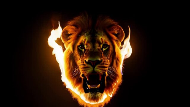 Fiery mane surrounds a powerful male lion's head, creating a striking visual against a stark black backdrop, symbolizing strength, courage, and untamed spirit
