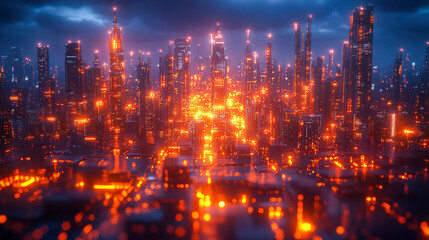 Fototapeta premium A glowing cyberpunk-inspired cityscape at night with neon-lit skyscrapers and a sci-fi aesthetic, blending futuristic technology with urban design