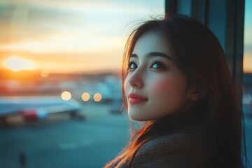Morning Sun Illuminates Excited Traveler Near Bustling Airport Tarmac Scene  
