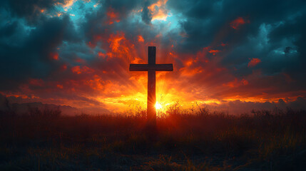 A cross is lit up in the sky above a mountain. The sun is setting, casting a warm glow over the scene. Concept of peace and spirituality, as the cross is a symbol of faith