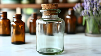 Clear Glass Jar with Cork Lid Stands on White Surface with Blurred Background of Other Jars