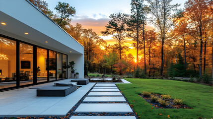 Fototapeta premium Modern Home with Sunset View of Autumn Trees and Landscaped Backyard