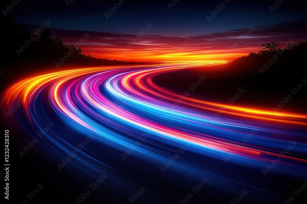 Poster long exposure image of colorful light streaks creating an abstract pattern on a dark background