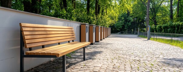 Sunlit Park Bench Surrounded by Lush Greenery