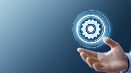 Businessman in a suit activates digital interface by touching button with his finger