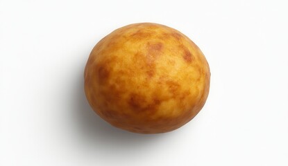 Fototapeta premium Overhead close up shot of a single, round, golden brown baked good with a slightly speckled texture, set against a plain white background