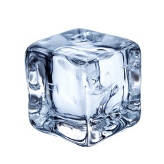 A clear ice cube with smooth edges and a glossy surface, reflecting light in various angles.