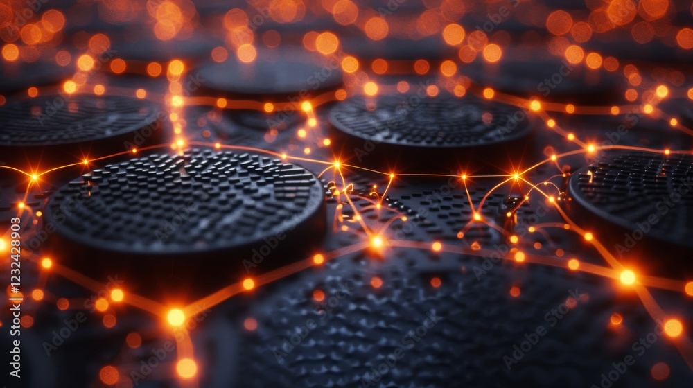 Poster Circular objects are arranged on a surface illuminated by glowing orange connections, creating a vibrant and dynamic visual experience in a low light setting.