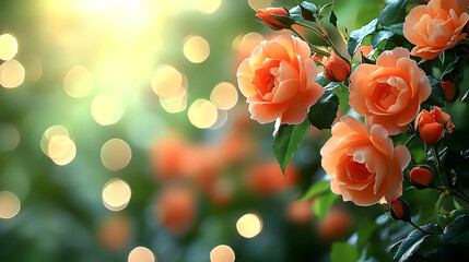 Obraz premium Blooming Peach Roses Adorn a Sunlit Garden with Bokeh Background, a Stunning Display of Natural Beauty.