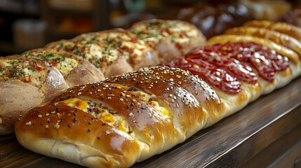Assortment of Stuffed Bread Loaves with Various Toppings Beautifully Displayed on Wooden Table