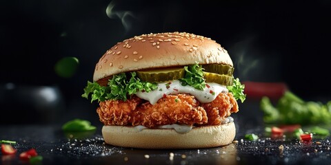 Crispy Chicken Burger, Close-up, Delicious Food, Restaurant, Background blur