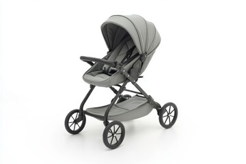 Modern baby stroller with gray fabric and black frame, side view, isolated on a white background, wide-angle shot, for newborn child in a family.