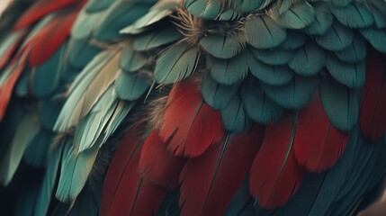 Vibrant Parrot Feathers Close-Up: Teal and Crimson Plumage