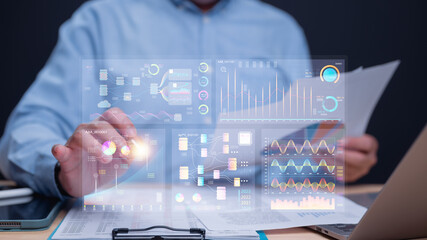 Innovative Data Visualization for Business Insights, Professional analyzes holographic data...