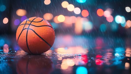 A basketball rests on the wet ground, surrounded by raindrops and soft, blurred light, creating a serene, rainy atmosphere.