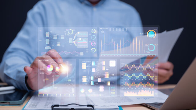 Innovative Data Visualization for Business Insights, Professional analyzes holographic data visualizations and graphs, highlighting trends and metrics for informed decision-making in modern business