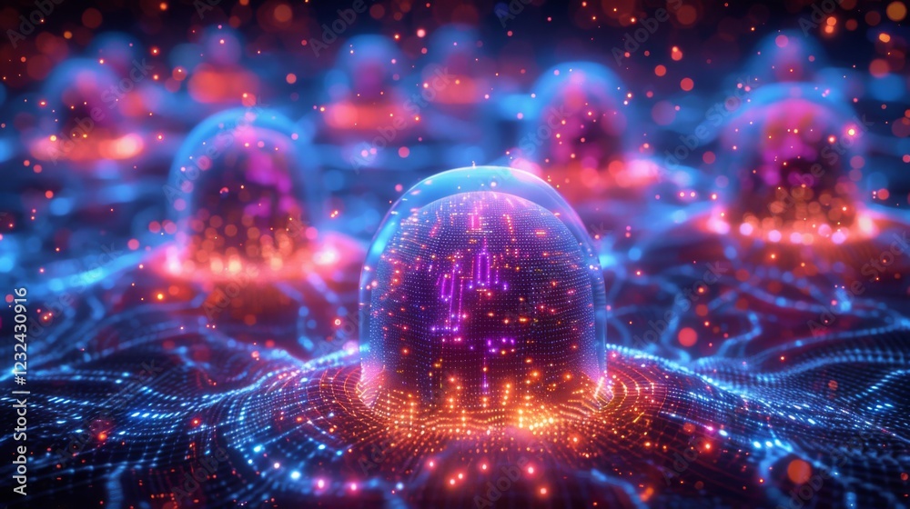 Aufkleber Abstract digital artwork showcases a series of luminous orbs surrounded by intricate patterns. The design features bright colors and a futuristic aesthetic, evoking a sense of depth and movement.