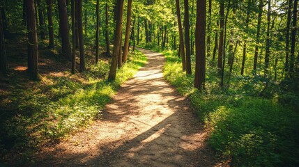 Obraz premium Sunlight filters through the trees, illuminating a winding dirt path that meanders through a lush green forest, creating a serene and inviting atmosphere in springtime