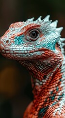 Obraz premium Close-Up of a Blue and Red Lizard - 4K Ultra HD Reptile Wildlife Wallpaper
