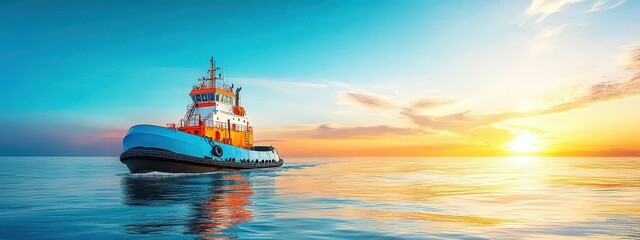 Obraz premium Tugboat Navigating Calm Waters at Sunrise with Vibrant Colors Reflecting on Water Surface and Cloudy Sky in Beautiful Maritime Landscape