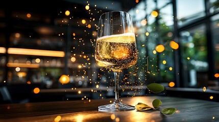 Sparkling wine glass, bar background, celebration, night