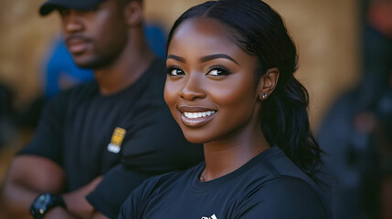 Obraz premium Confident Woman Smiles Brightly in Foreground with Blurred Man in Background