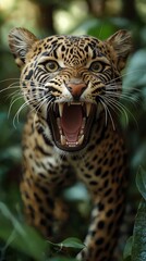Naklejka premium Fierce Leopard Roaring - 4K Ultra HD Wildlife Photography Wallpaper