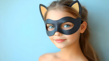 Young Girl Wears a Festive Animal Mask with Pointed Ears Gracefully Against a Soft Blue Backdrop