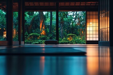 Fototapeta premium Tranquil garden view from a serene interior space during twilight hours