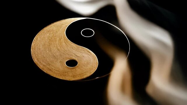 Golden yin and yang symbol is partially covered by moving white smoke against a black background, creating a mystical and serene atmosphere