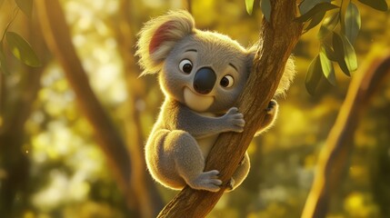Cute koala clinging to tree branch, golden sunlight, eucalyptus forest background, children's book illustration