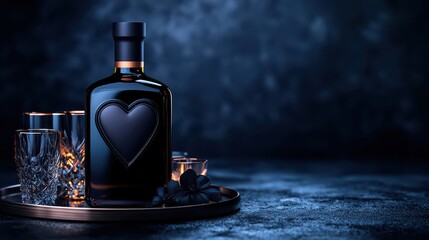 Elegant black bottle of liquor with heart emblem, surrounded by chic glassware on a sleek surface.