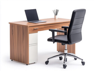 Fototapeta premium Modern wooden office desk with a black leather chair and a laptop on a white background