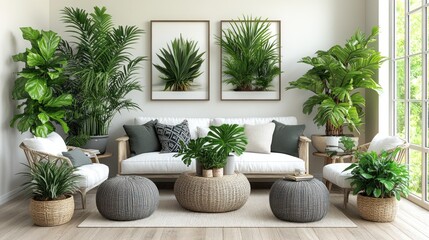 Fototapeta premium Lush living room plants, sofa, sunlight, interior design