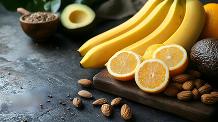 Fototapeta premium Fresh Fruits, Nuts, and Seeds Create a Vibrant and Healthy Table Arrangement on Dark Surface.