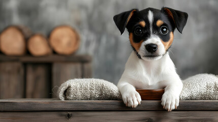 Adorable Puppy Poses on Wooden Surface with Cozy Blankets in Rustic Setting.