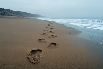 A line of footprints leading off into the distance on an empty, windswept beach, evoking a sense of solitary journey