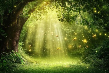 Fototapeta premium Sunlight filters through foliage in a magical forest filled with sparkling fairies