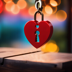 Vintage red heart shaped lock with a keyhole and key. The symbol is Valentine's Day, a wedding.