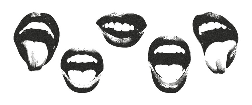 Set of mouth elements with a photocopy effect for collage design in the grunge-punk style. Different emotions in a brutal retro design for a vintage banner. Vector.