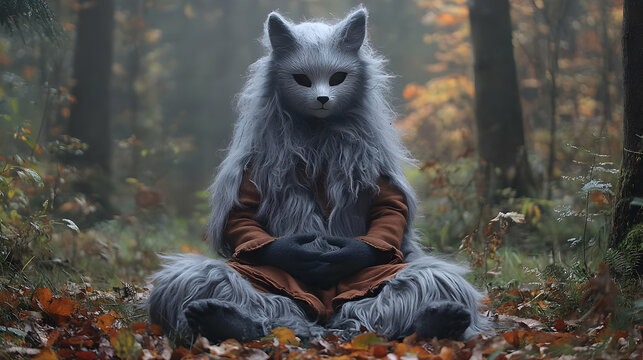 Mystical Creature Sits Peacefully in Autumn Forest, Embracing Tranquility Amidst Fallen Leaves