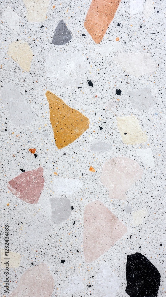 Poster this beautifully crafted terrazzo surface showcases an array of pastel colors, including soft pinks,